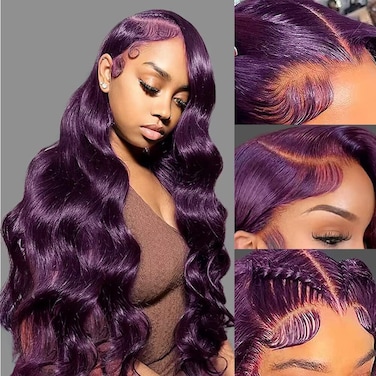 Dark Burgundy 13x4 Body Wave Lace Front Wig Human Hair 150% Density Deep Smokey Purple Body Wave Wigs for Women HD Transparent Lace Front Wigs Glueless Human Hair Pre Plucked with Baby Hair 28inch