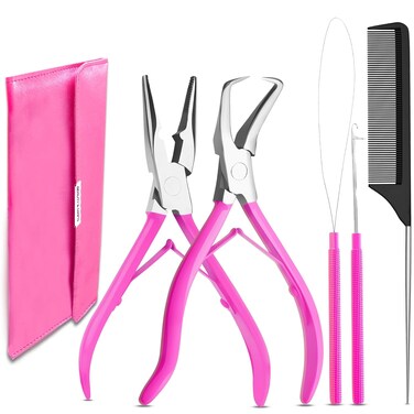 Beauty &amp; Crafts Hair Extension Tools- Stainless Steel Pliers Set for Micro Beads- 1 Crochet Needle 1 Pulling Hook with Tail Comb- Micro Links Tool Kit with Leather Pouch- (Pink)