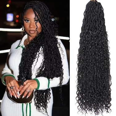 COOKOO 24 Inch New Goddess Locs Crochet Hair 8 Packs Wavy Faux Locs Synthetic Hair with Curls Pre Looped Bohemian Soft River Locs Crochet Hair Synthetic Boho Hippie Locs Hair Extensions 1B#