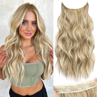 KooKaStyle Invisible Wire Hair Extensions with Transparent Wire Adjustable Size 4 Secure Clips Long Wavy Curly Secret Synthetic Hairpieces for Women (20 Inch, Light Brown mix Highlight Blonde)