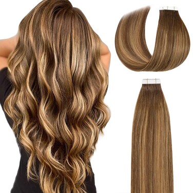 Lacer Hair Tape in Hair Extensions Human Hair 20 Pieces 50 Grams Balayage Chocolate Brown to Caramel Blonde with Chocolate Brown Roots Tape in Hair Extensions 16 Inch R#4-4/27