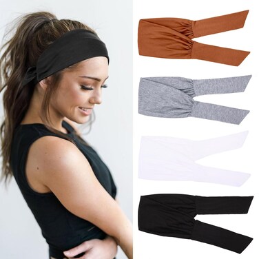4 Pieces Adjustable Knotted Headbands for Women Elastic Fashionable Sports Hairbands Head Scarf Stretchy Wide Headbands Non Slip Workout Yoga Sport Headbands for Women