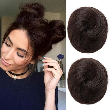 REECHO 2 PCS Mini Claw Clip in Messy &amp; Cat Ears Hair Bun Extensions HB001 Wig Accessory Updo Hairpieces for Women Girls (Pack of 2-3" Straight, Dark Brown)