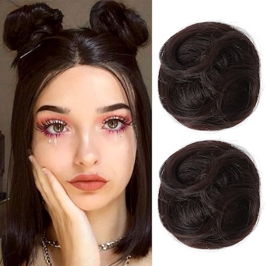 REECHO 2 PCS Mini Claw Clip in Messy &amp; Cat Ears Hair Bun Extensions HB001 Wig Accessory Updo Hairpieces for Women Girls (Pack of 2-3.5" Wavy, Dark Brown)