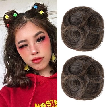 REECHO Space Bun Hair Pieces, 2 PCS Mini Claw Clip in Messy &amp; Cat Ears Fake Hair Bun Extensions HB001 Wig Accessory Updo Hairpieces for Women Girls (Pack of 2-3.5" Wavy, Medium Ash Brown)