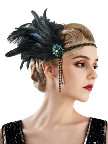 SWEETV 1920s Headpiece Flapper Headband, Rhinestone Pearl Feather Hair Band Great Gatsby Headpiece Accessoreis for Women,Green