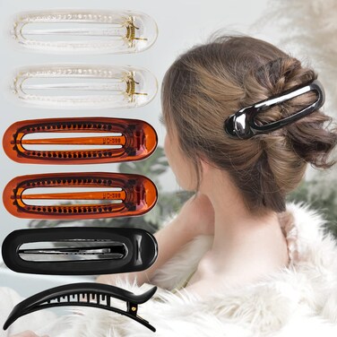 RC ROCHE ORNAMENT 6 Pcs Womens French Barrette Classic Duckbill Alligator Eyelet Oval Hair Decor Clips Side Slide Firm Grip Beauty Accessory Plastic Styling Pin Clamps, Medium Clear Brown and Black