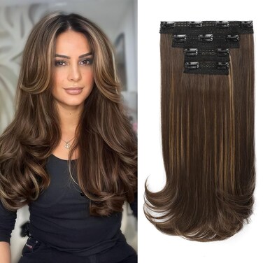 Clip in Hair Extensions, 4PCS 16 Inch Clip in Extensions for Women Layered Cut Natural Lightweight Hairpieces with Thinner Softer Invisible Weft - Dark Brown with Highlights