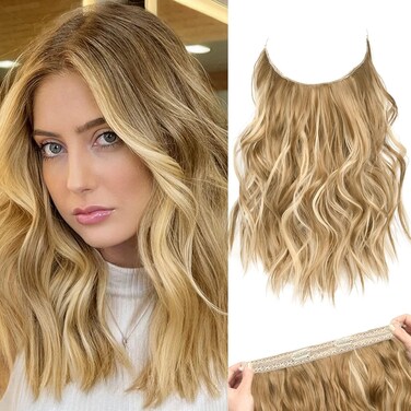 REECHO Invisible Wire Hair Extensions with Thinner Softer Lace Weft Adjustable Size Removable Secure Clips in Wavy Secret Hairpiece for Women 12 Inch (Pack of 1) - Medium Blonde with Blonde Highlights