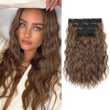 REECHO Clip in Hair Extensions, 4PCS Hair Extensions 14" Short Wavy Hair Extensions Invisible Lace Weft Natural Soft Hairpieces for Women &ndash; Light Brown