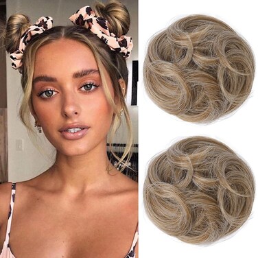 REECHO Space Bun Hair Pieces, 2 PCS Mini Claw Clip in Messy &amp; Cat Ears Fake Hair Bun Extensions HB001 Wig Accessory Updo Hairpieces for Women Girls (Pack of 2-3.5" Wavy, Dark Blonde)