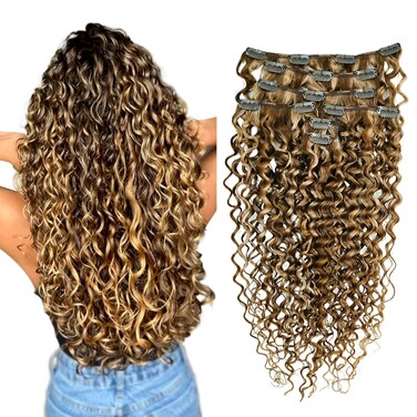 Curly Human Hair Clip in Extensions 7pcs with 16 Clips Healthy Wavy Clip Hair Extensions Real Human Hair 120g18 Inch Dark Brown Highlighted Honey Blonde Soft Thick Curly Hair Extensions