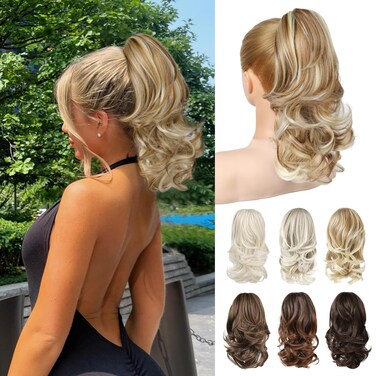 Ponytail Extension, 14" Claw Clip in Ponytail Hair Extensions Natural Soft Synthetic Layered Wavy Pony Tail Hair Pieces for Women - Copper with Highlights