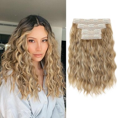 REECHO Clip in Hair Extensions, 4PCS Hair Extensions 14" Short Wavy Hair Extensions Invisible Lace Weft Natural Soft Hairpieces for Women &ndash; Golden Blonde with Highlights