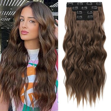 REECHO Clip in Hair Extensions, 4PCS Blonde Hair Extensions 24" Thick Long Beach Waves hair extensions HE003 Invisible Lace Weft Natural Soft Hairpieces for Women &ndash; Medium Brown