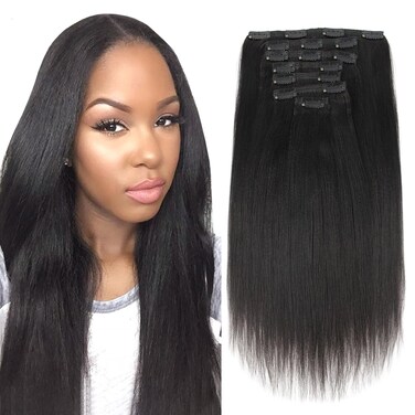ABH AMAZINGBEAUTY HAIR Yaki Straight Human Hair Extension Clip in Remy Hair Extensions Yaki Clip ins for Black Women Brazilian Clip in Human Hair Extension 14 Inch Natural Black 120G 7Pcs