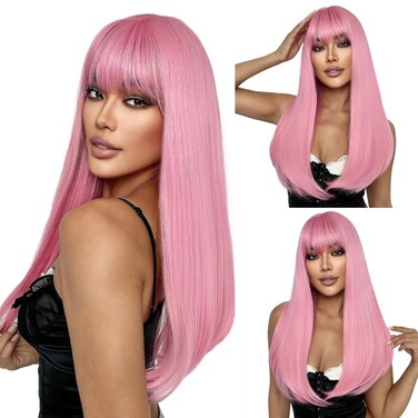 SUKRI Pink Wig with Bangs for Women Long Straight Pink Wig 22 Inch Colorful Synthetic Wig Natural Looking Hair Wigs for Daily Party Cosplay Use
