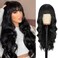 NOSTALGIA Black Wig with Bangs for Women Long Curly Wavy Wig Synthetic Curly Natural Black Replacement Wigs for Daily Party Use