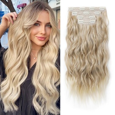 REECHO Clip in Hair Extensions, 4PCS Blonde Hair Extensions 24" Thick Long Beach Waves hair extensions HE003 Invisible Lace Weft Natural Soft Hairpieces for Women &ndash; Dark Blonde with Light Ends