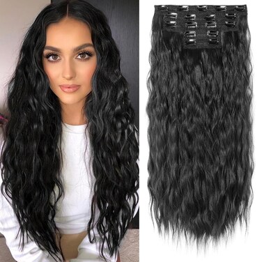 Clip in Hair Extensions, REECHO 5PCS Brown Hair Extensions 24" Thick Long Loose Waves hair extensions HE002 Invisible Lace Weft Natural Soft Hairpieces for Women &ndash; Jet Black