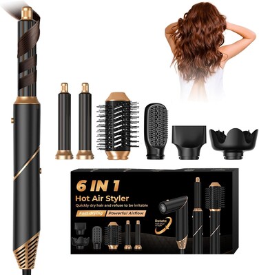 6 in 1 Blow Dryer Brush, Hair Dryer Brush with Diffuser for Curly Hair, Negative Ionic Magic Hair Styler, Air Styler for Hair Curling, Brush Blow Dryer Straight, Volumize, Drying Hair Styling Tool