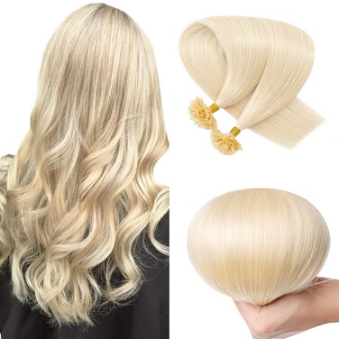 Pre Bonded U Tip Hair Extensions Human Hair 100 Strands Keratin Fushion Nail Tip Human Hair Extensions 100% Real Remy Hair Silky Straight #60 Platinum Blonde 14 Inch 100 Strands/Pack 50g
