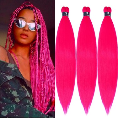 Braiding Hair Pre Stretched Pink Braiding Hair Colored Hair Extensions for Braiding Micro Box Braids Knotless Yaki Neon Pink Prestretched Braiding Hair 26 Inch Folded 3 Packs
