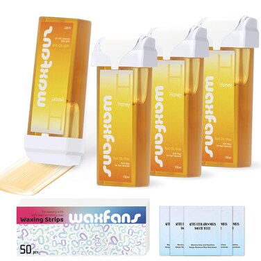 Roll On Wax Refill,Wax Roller Refill for Hair Removal.100% Natural Wax Cartridge Refill,Quick Melting - For Coarse and Fine Hairs.with 3.53 Ounce(Pack of 4) Honey Wax Rollers, 50 Wax Strips