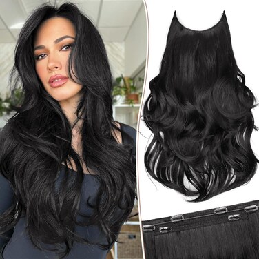 KooKaStyle Invisible Wire Hair Extensions Long Wavy Layered Synthetic Hair Extensions with Transparent Wire Adjustable Size 6 Secure Clips Black Hairpieces for Women 20 Inch