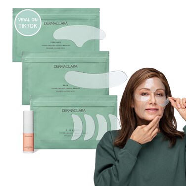 Dermaclara Face Patches Kit - Anti Wrinkle Patches for Forehead, Smile Lines, Silicone Anti-Wrinkle Frown Line Treatment, Up to 30 Uses - 1 Forehead, 2 Mouth, 2 Eye, 1 Neck &amp; 1 Patch Prep Cleanser