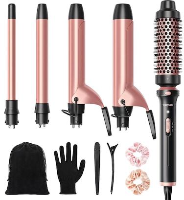 Wavytalk 5 in 1 Curling Iron,Curling Iron Set with Heated Round Brush and 4 Interchangeable Ceramic Curling Wand(0.5&rdquo;-1.25"), Instant Heat Up,Dual Voltage Hair Curler