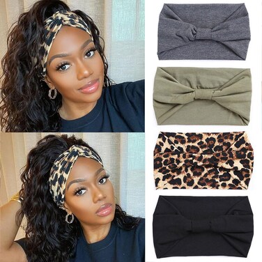XTREND 4 Packs Wide Headband Fashion Personality Headscarf Bohemian Style Elastic Knotted Non-slip Headband Suitable For Black Women's wig Outdoor Yoga Sports Running Printed Hair Accessories