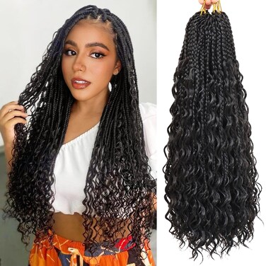 Goddess Box Braids Crochet Hair for Women 18 Inch 7 Packs Black Boho Box Braids Crochet Hair with Curly Ends Pre Looped Bohemian Braids Crochet Hair Extensions, 1B