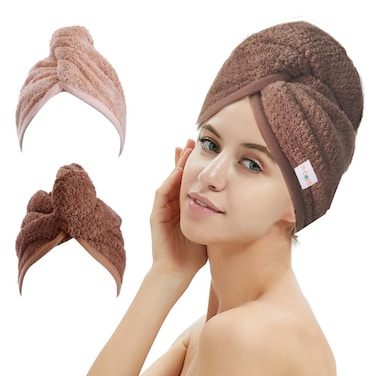2 Pack Hair Drying Towels, Hair Wrap Towels, Absorbent Microfiber Hair Towel Turban with Button Design to Dry Hair Quickly(Coffee&amp; Pink)