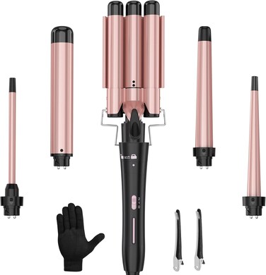 Curling Wand Set, Curling Iron Interchangeable 3 Barrel Curler with Ceramic Tourmaline Professional 5 in 1 Wand Curling Iron,for Women with Curler and Waver