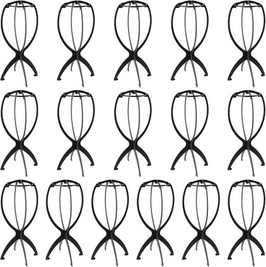 JOIKIT 16 Pack 14.2 Inches Black Plastic Wig Stand, Collapsible Wig Holder Portable Travel Wig Stand, Folding Wig Stand Wig Dryer Stand for Women, Multiple Wigs and Hats