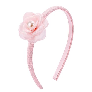 Beleki Flower Pearl Headband for Girls, Pink Glitter Headband Toddler Girls Handmade Non Slip Hiar Hoop Sparkle Boutique Hair Accessories for Girls 4-6 8-12 Year Old
