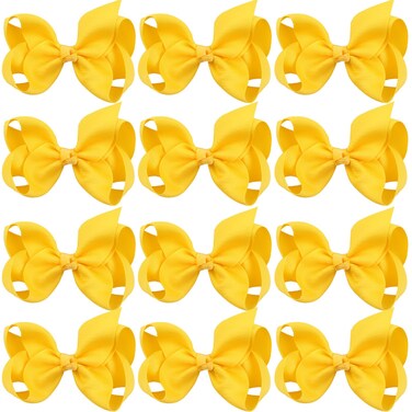 4 Inch Boutique Girls Hair Bows Hair Clips for Girls Toddlers 12 Pcs Solid Color (Yellow)