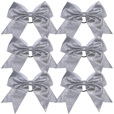 Cheerleader Bows Cheerleading 8 inch Sparkle Glitter Ponytail Holder Hair Tie School for High School College Girl Team Sports 6 Pcs &hellip; (Silver)