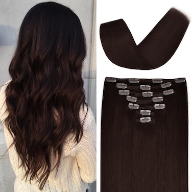 Winsky 14 inches Clip in Hair Extensions Real Human Hair - 70g 7pcs 16 Clips Straight 100% Remy Human Hair Extensions for Women Dark Brown #2 Color