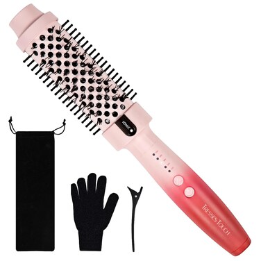 Thermal Brush 1.5 Inch with 5 Temp Settings, Universal Voltage Curling Iron, Ceramic Ionic Quick Thermal Round Hair Curling Brush Suitable for Medium and Long Hair, Pink and Red