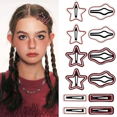Snap Clips Leather Cloud Hair Clips Snap Hair Barrettes Non Slip Star Hair Accessories Metal Hair Clips for Girls Women -12P-Red Line
