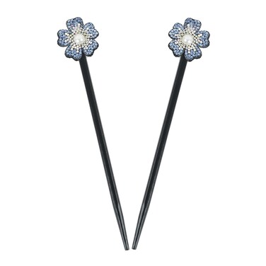 Black Wooden Hair Sticks with Rhinestone Flowers, 2 Pieces (Blue)