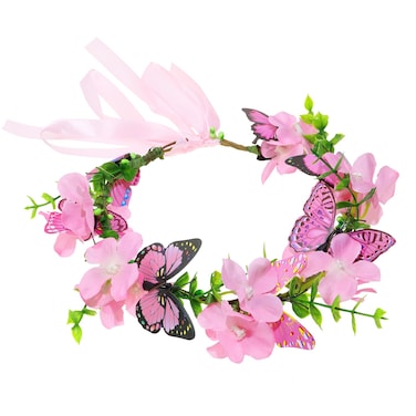 PENTA ANGEL Butterfly &amp; Flower Crown Adjustable Fairy Floral Headband Garland Wreath Headpiece Accessories with Ribbon for Women Adults Bridal Wedding Summer Holiday Vacation Photo Props (Pink, 22cm)