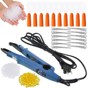 Hair Extensions Iron Fusion Keratin Heat Tool Heat Connector Wand with Fusion Glue Protector Template Hair Clip Finger Protector 2 Bag Keratin Glue Granule Bead(Blue)