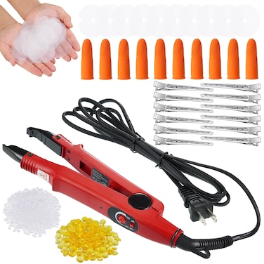Hair Extensions Iron Fusion Keratin Heat Tool Heat Connector Wand with Fusion Glue Protector Template Hair Clip Finger Protector 2 Bag Keratin Glue Granule Bead(Red)
