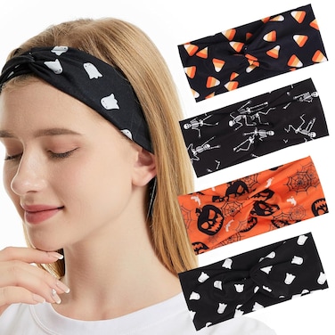 Ardorchid Halloween Headbands for Women Girls Skull Skeleton Ghost Pumpkin Knotted Headband Spooky Sugar Hair Accessories Halloween Outfit Gifts Twist Turban Celebration Party Headwraps 4PCS