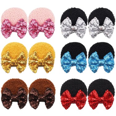 Qearl 12 Pieces Sequin Mouse Ears Hair Clips Mouse Hair Bows with Alligator Clips Hair Accessories for Theme Park Costume Party Decoration for Toddlers Girls