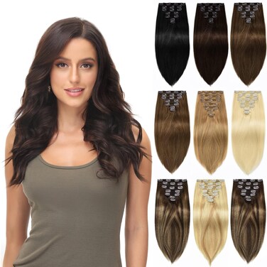 Rose bud Clip in Hair Extensions Real Human Hair 7Pcs 16Clips 18Inch 150g Natural Thick Hair Extensions Human Hair