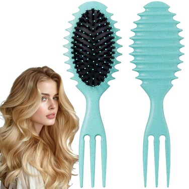 Curly Hair Brush Boar Bristle Curl Defining Brush - Unique Trident Handle Design for Wet/Dry Hair Styling &amp; Massage - Green